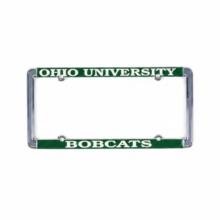 Ohio University Bobcats Chrome License Plate Frame with Green Background And Raised White Lettering