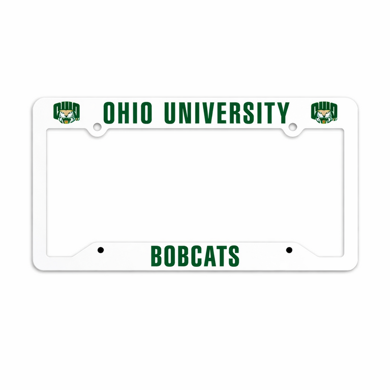Ohio University Bobcats Plastic License Plate Frame Wide Top White With Green Lettering