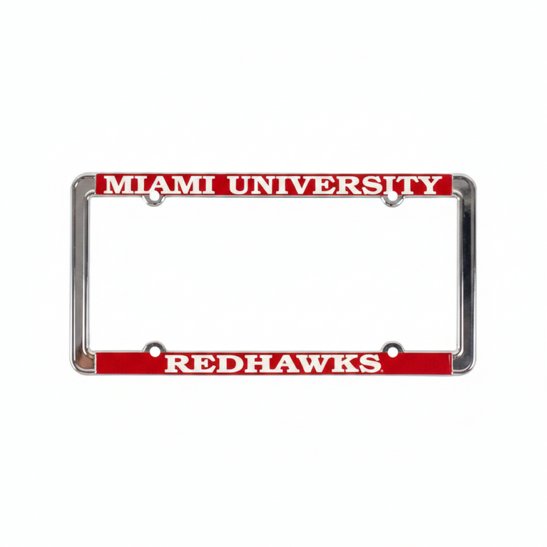 Miami University Redhawks Chrome License Plate Frame With Red Background And White Raised Lettering - Metal