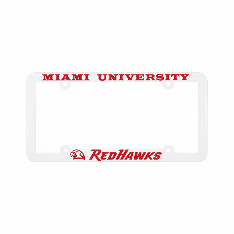Miami University Redhawks White Plastic License Plate Frame With Raised Red Lettering