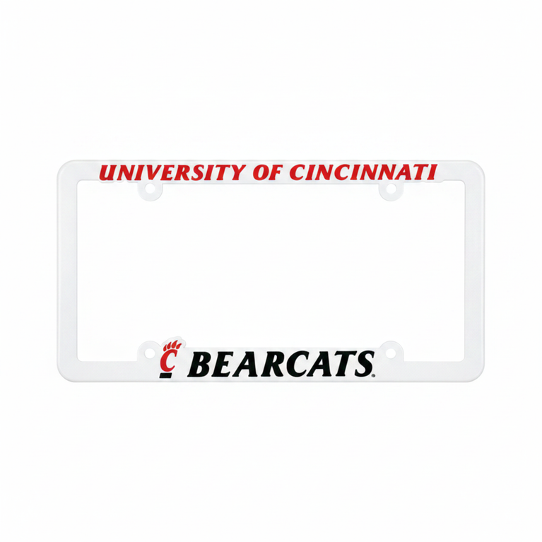 University Of Cincinnati Bearcats White Plastic License Plate Frame With Raised Red And Black Lettering