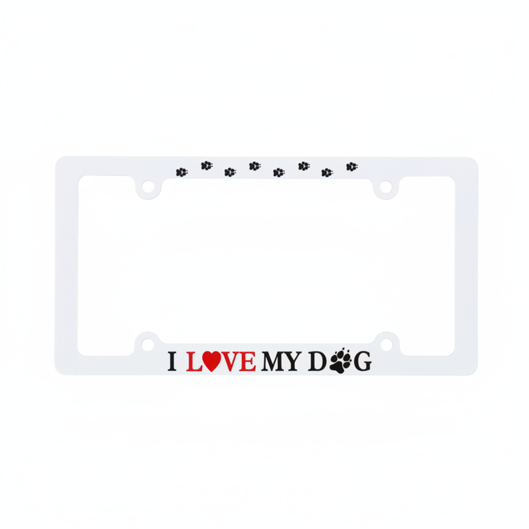 I Love My Dog Screen Printed White Plastic License Plate Frame