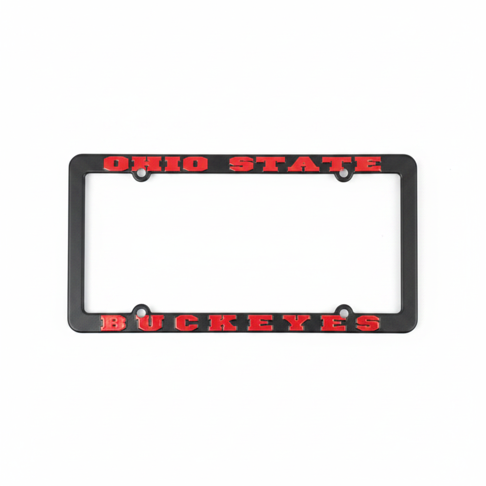 Ohio State Buckeyes Black Metal License Plate Frame With Raised Red Lettering