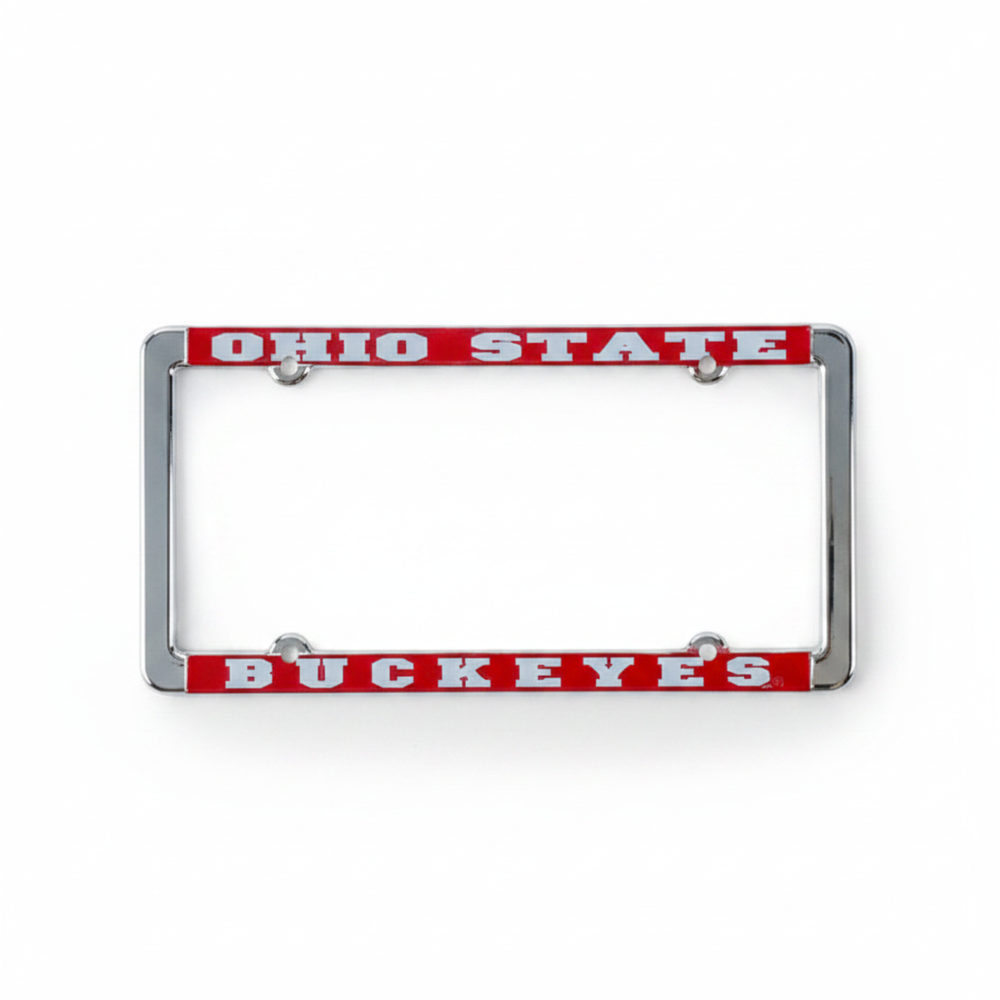 Ohio State Buckeyes Chrome License Plate Frame with Raised Lettering and Red Background - Metal