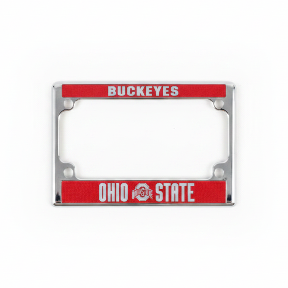 Ohio State Buckeyes Chrome Motorcycle License Plate Frame With Red Background And Raised Silver Lettering