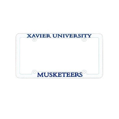 Xavier University Musketeers White Plastic License Plate Frame with Raised Blue Lettering