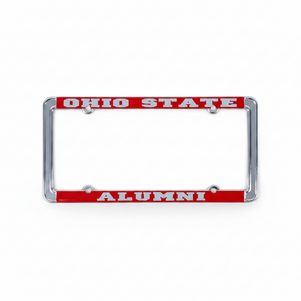 Ohio State University Alumni Chrome License Plate Frame With Red Background And Raised Silver Lettering - Metal